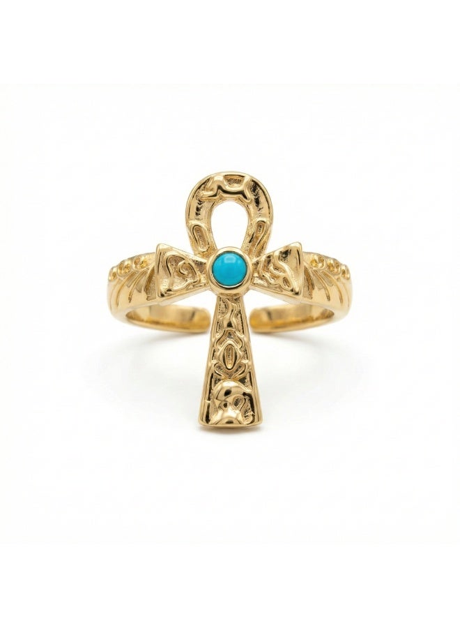 Shein 316 Stainless Steel Ankh Ring – Free Size – Gold Egyptian Life Symbol with Turquoise Stone – Anti‑Rust & Anti‑Fade - Image 1